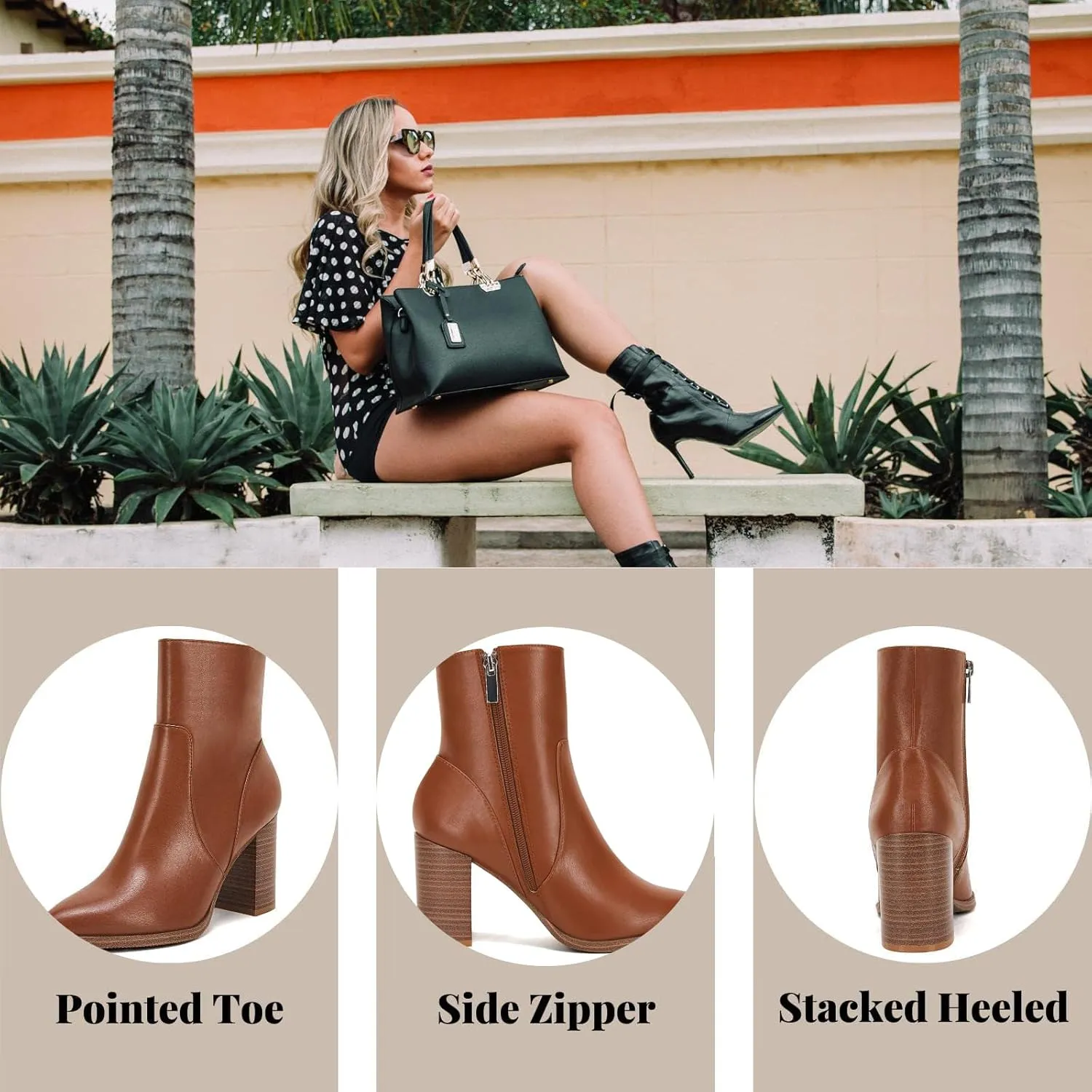 LAICIGO Women's Pointed Toe Ankle Boots Chunky Stacked Heel Side Zipper Faux Leather Ankle Booties