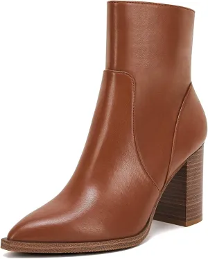 LAICIGO Women's Pointed Toe Ankle Boots Chunky Stacked Heel Side Zipper Faux Leather Ankle Booties