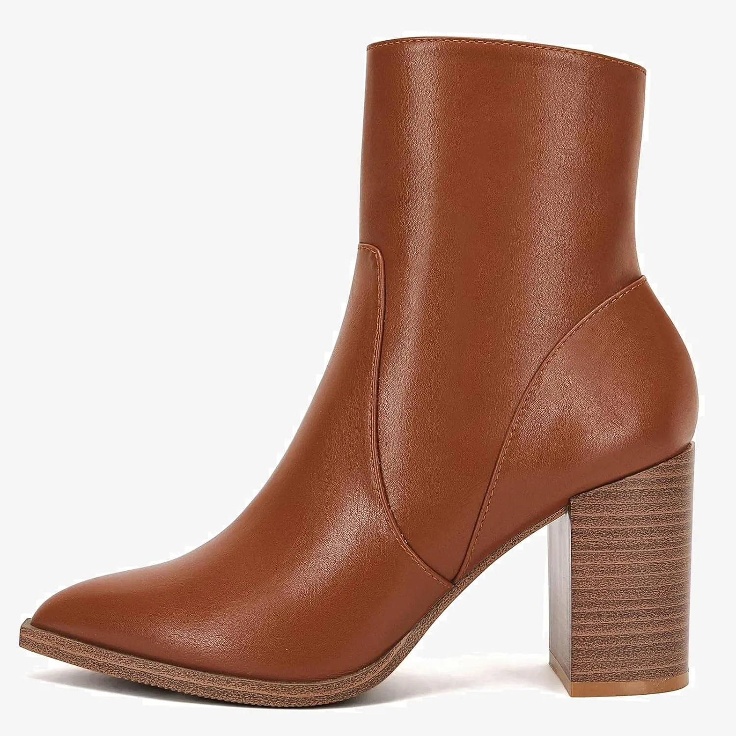 LAICIGO Women's Pointed Toe Ankle Boots Chunky Stacked Heel Side Zipper Faux Leather Ankle Booties
