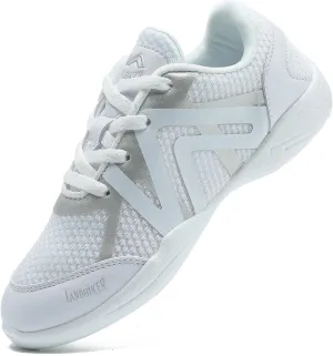 LANDHIKER Womens White Girls Cheer Shoes Cheerleading Shoes Youth Sports Training Athletic Flats Lightweight Breathable Comfortable Fabric Kids Cheer Sneakers Size