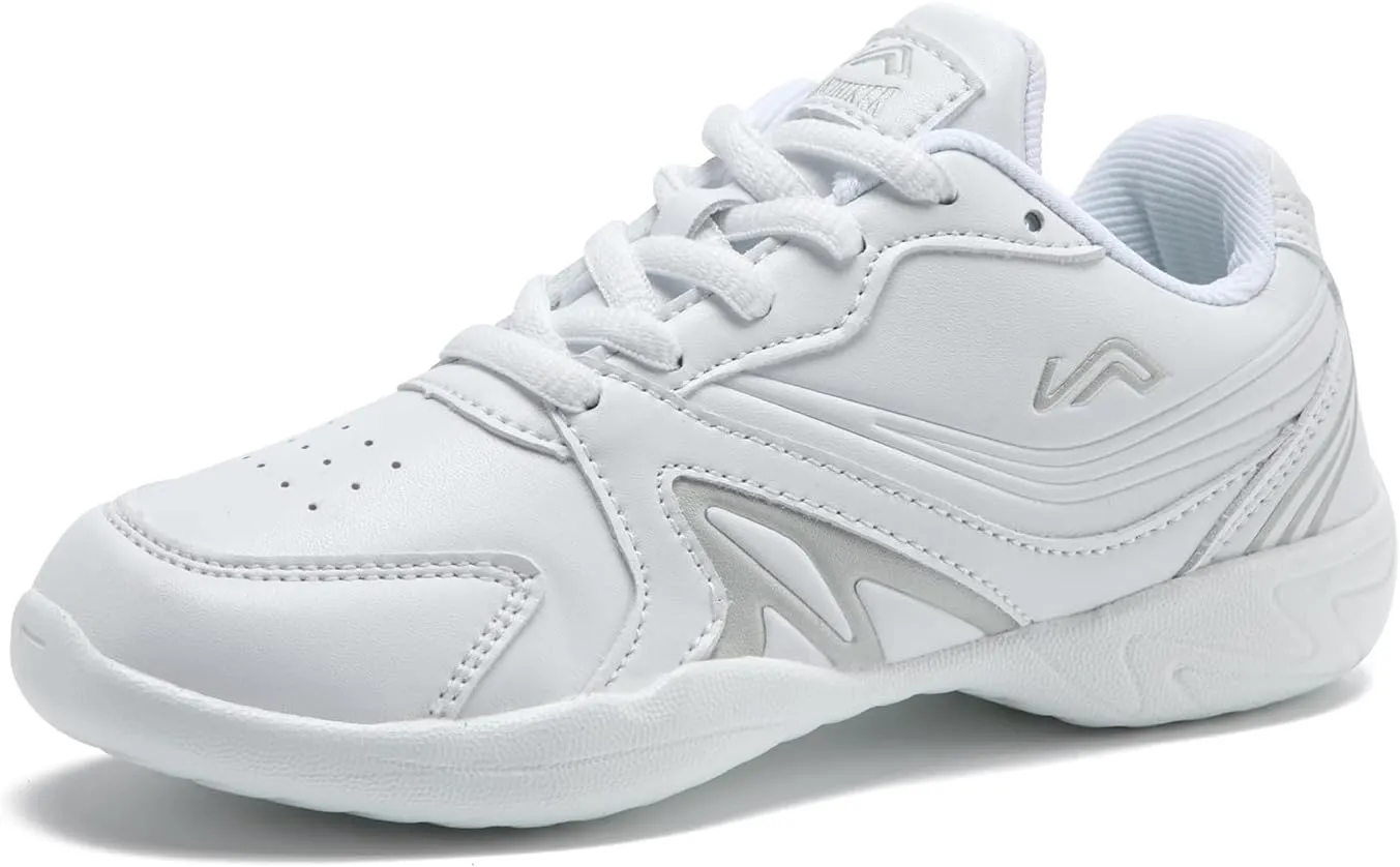LANDHIKER Womens White Girls Cheer Shoes Cheerleading Shoes Youth Sports Training Athletic Flats Lightweight Breathable Comfortable Fabric Kids Cheer Sneakers Size