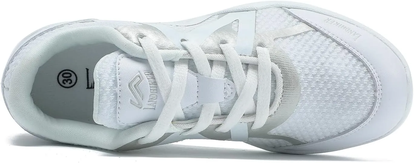 LANDHIKER Womens White Girls Cheer Shoes Cheerleading Shoes Youth Sports Training Athletic Flats Lightweight Breathable Comfortable Fabric Kids Cheer Sneakers Size
