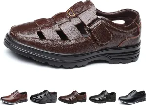 Large size fashion men's solid color retro head layer cowhide leather upper open toe sandals, comfortable non-slip hook-and-loop breathable beach shoes
