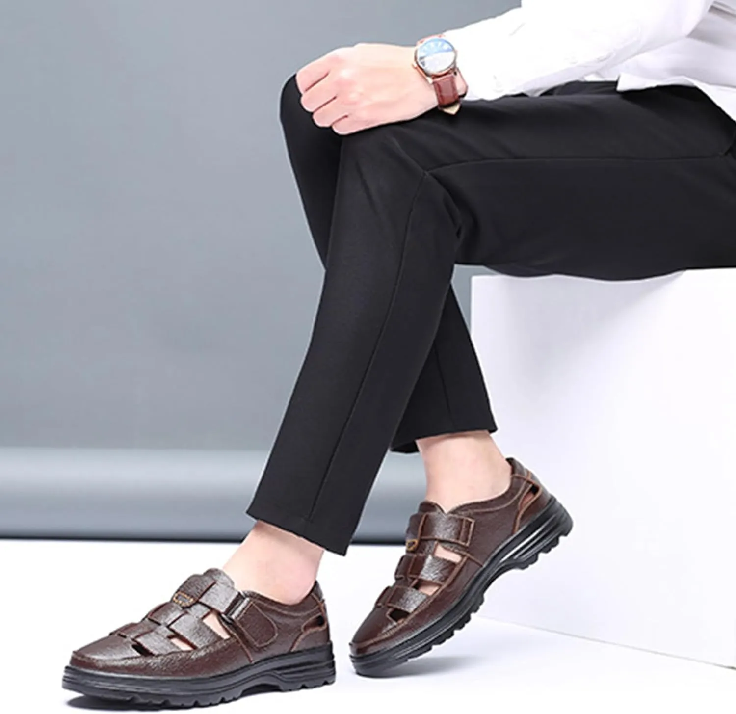 Large size fashion men's solid color retro head layer cowhide leather upper open toe sandals, comfortable non-slip hook-and-loop breathable beach shoes