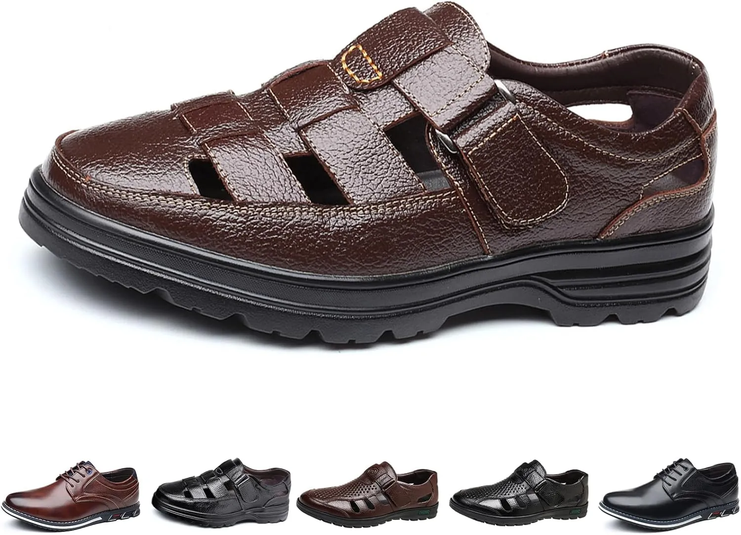 Large size fashion men's solid color retro head layer cowhide leather upper open toe sandals, comfortable non-slip hook-and-loop breathable beach shoes