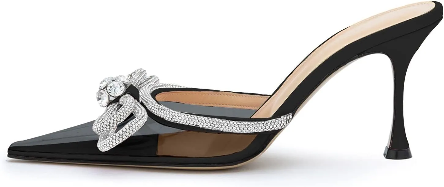 LauraVicci Women High Heeled Clear Mules Double Bow Heels Rhinestone Embellished Crystal Pointy Toe Sandals Stiletto Shoes Summer Bridal Shoes Black Size 11.5