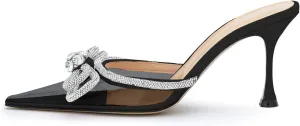 LauraVicci Women High Heeled Clear Mules Double Bow Heels Rhinestone Embellished Crystal Pointy Toe Sandals Stiletto Shoes Summer Bridal Shoes Black Size 7