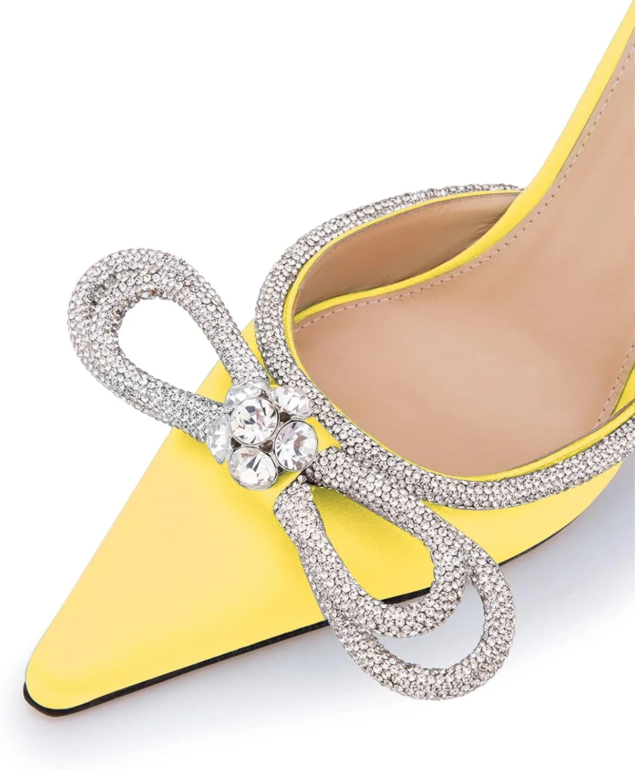 LauraVicci Women High Heeled Mules Rhinestone Embellished Crystal Double Bow Satin Sandals Pointy Toe Stiletto Shoes Summer Bridal Shoes