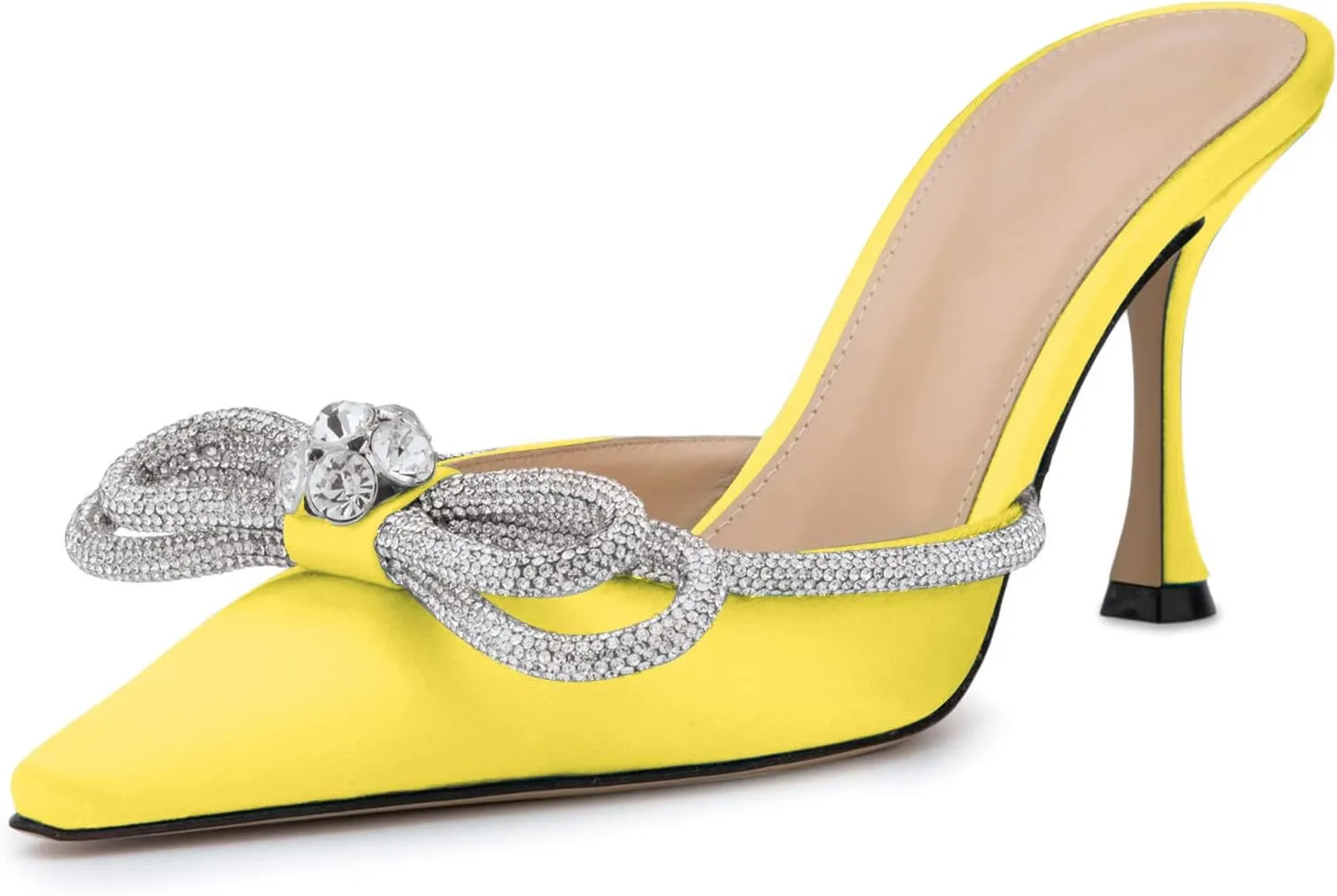 LauraVicci Women High Heeled Mules Rhinestone Embellished Crystal Double Bow Satin Sandals Pointy Toe Stiletto Shoes Summer Bridal Shoes
