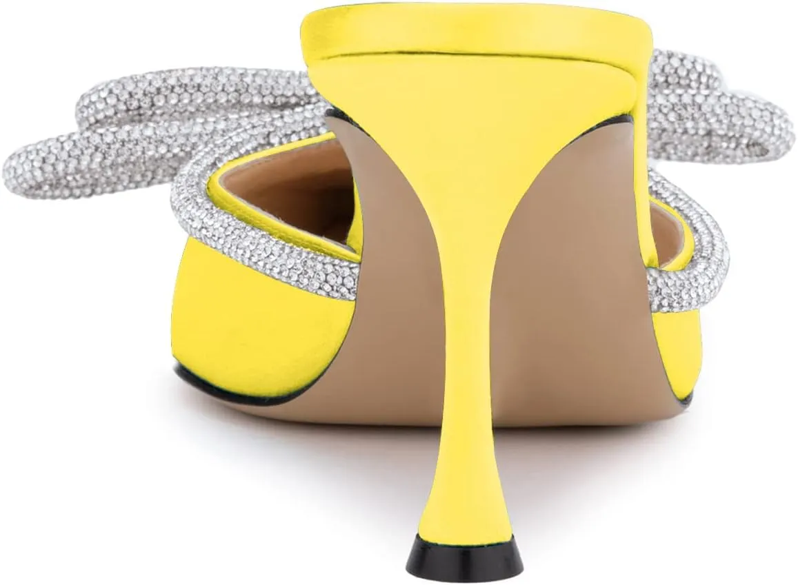 LauraVicci Women High Heeled Mules Rhinestone Embellished Crystal Double Bow Satin Sandals Pointy Toe Stiletto Shoes Summer Bridal Shoes