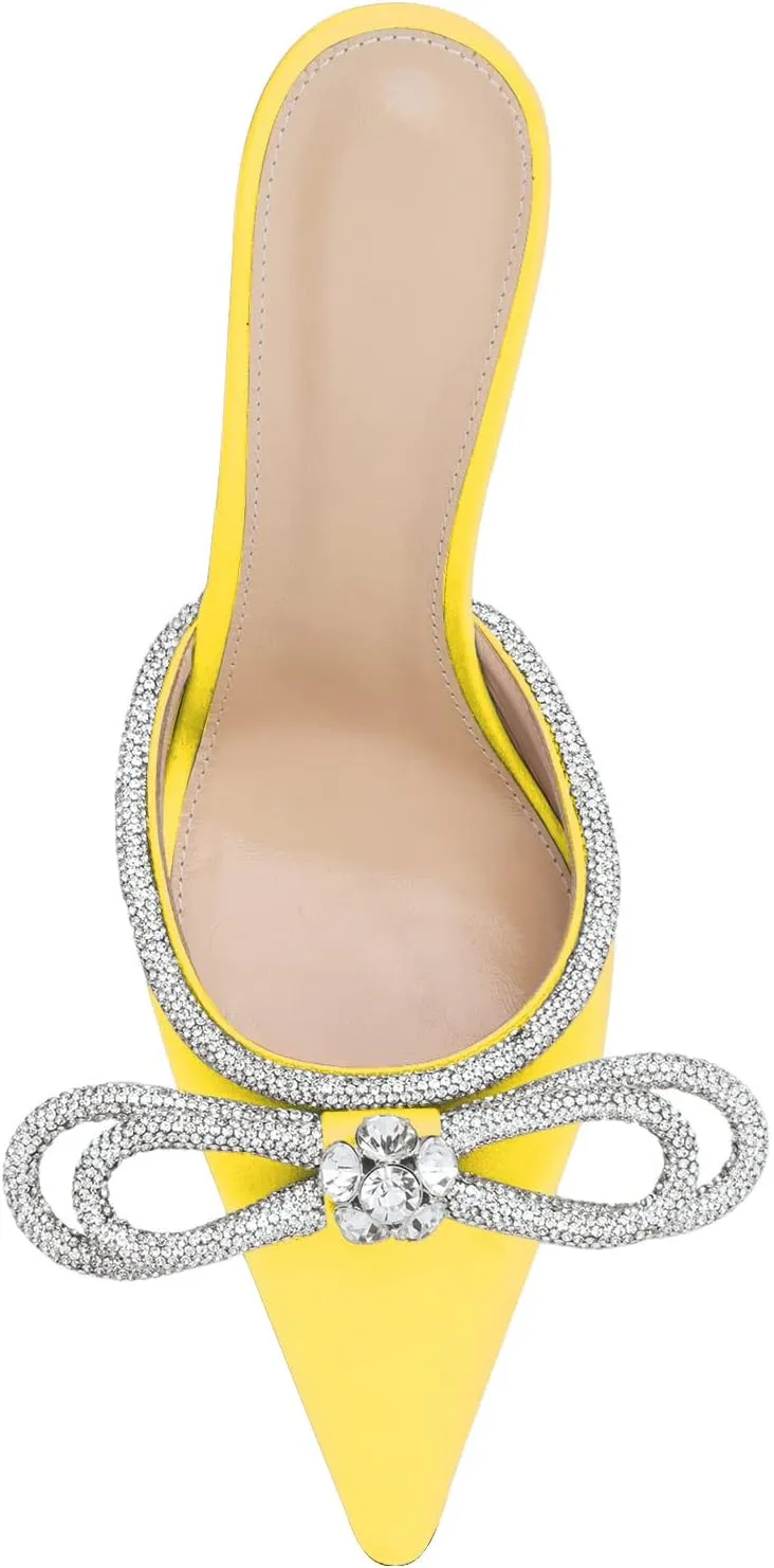 LauraVicci Women High Heeled Mules Rhinestone Embellished Crystal Double Bow Satin Sandals Pointy Toe Stiletto Shoes Summer Bridal Shoes