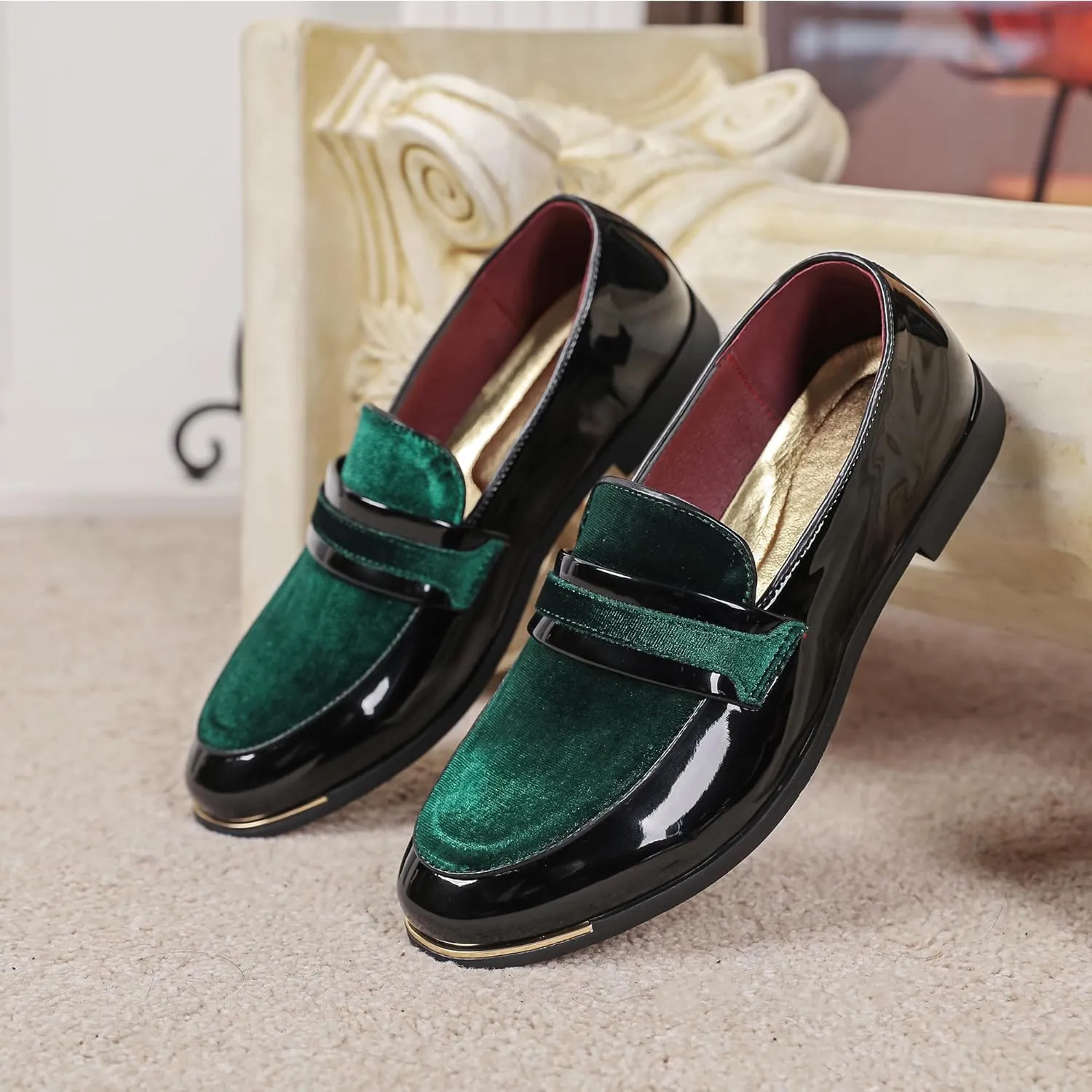 LCQL Men's Luxury Velvet Penny Loafers Patent Leather Oxford Classic Business Party Prom Club Dress Shoes Size 7-13