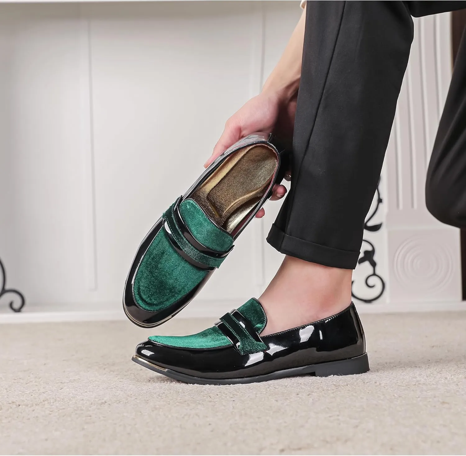 LCQL Men's Luxury Velvet Penny Loafers Patent Leather Oxford Classic Business Party Prom Club Dress Shoes Size 7-13
