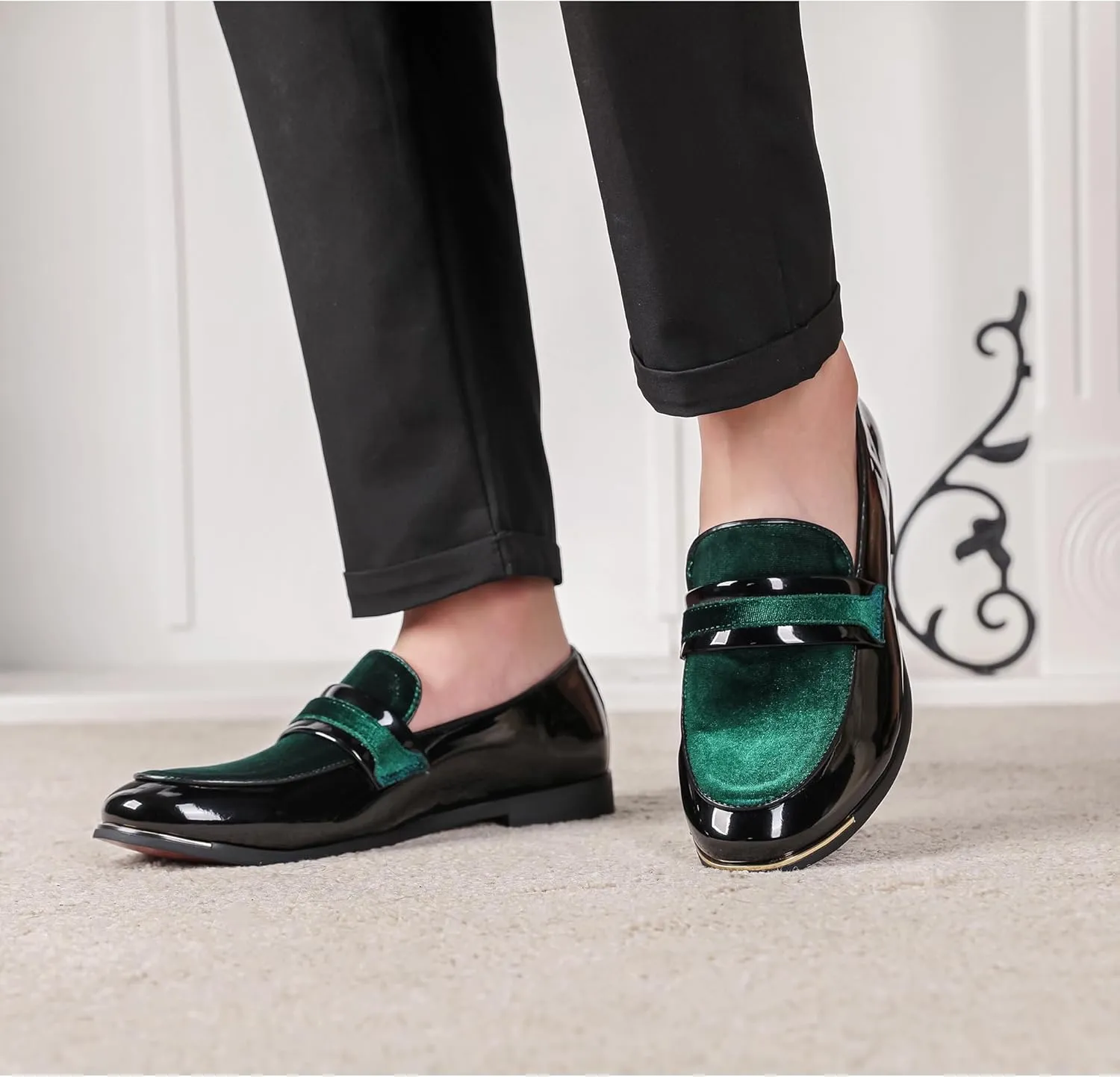 LCQL Men's Luxury Velvet Penny Loafers Patent Leather Oxford Classic Business Party Prom Club Dress Shoes Size 7-13