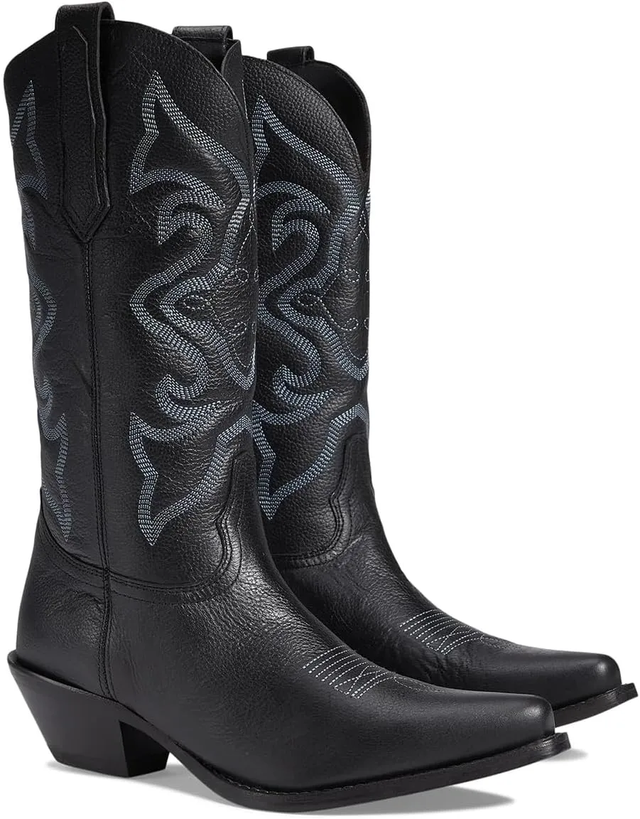 LEHOOR Cowboy Boots Women Embroidered Mid Calf Western Boots Stacked Low Heel Pointed Toe Pull On Cowgirl Boot 4-11 M US