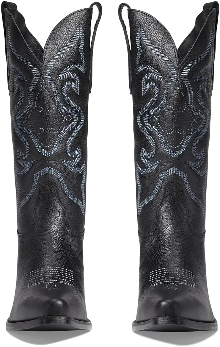 LEHOOR Cowboy Boots Women Embroidered Mid Calf Western Boots Stacked Low Heel Pointed Toe Pull On Cowgirl Boot 4-11 M US