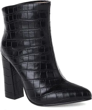 LEHOOR Women Chunky Heel Ankle Boots Pull On Pointed Toe Booties Sexy Stone Pattern Short Boots 4” High Block Heel Matte Leather Dress Booties Closed Toe Wild Elegant Party Club 4-11 M US