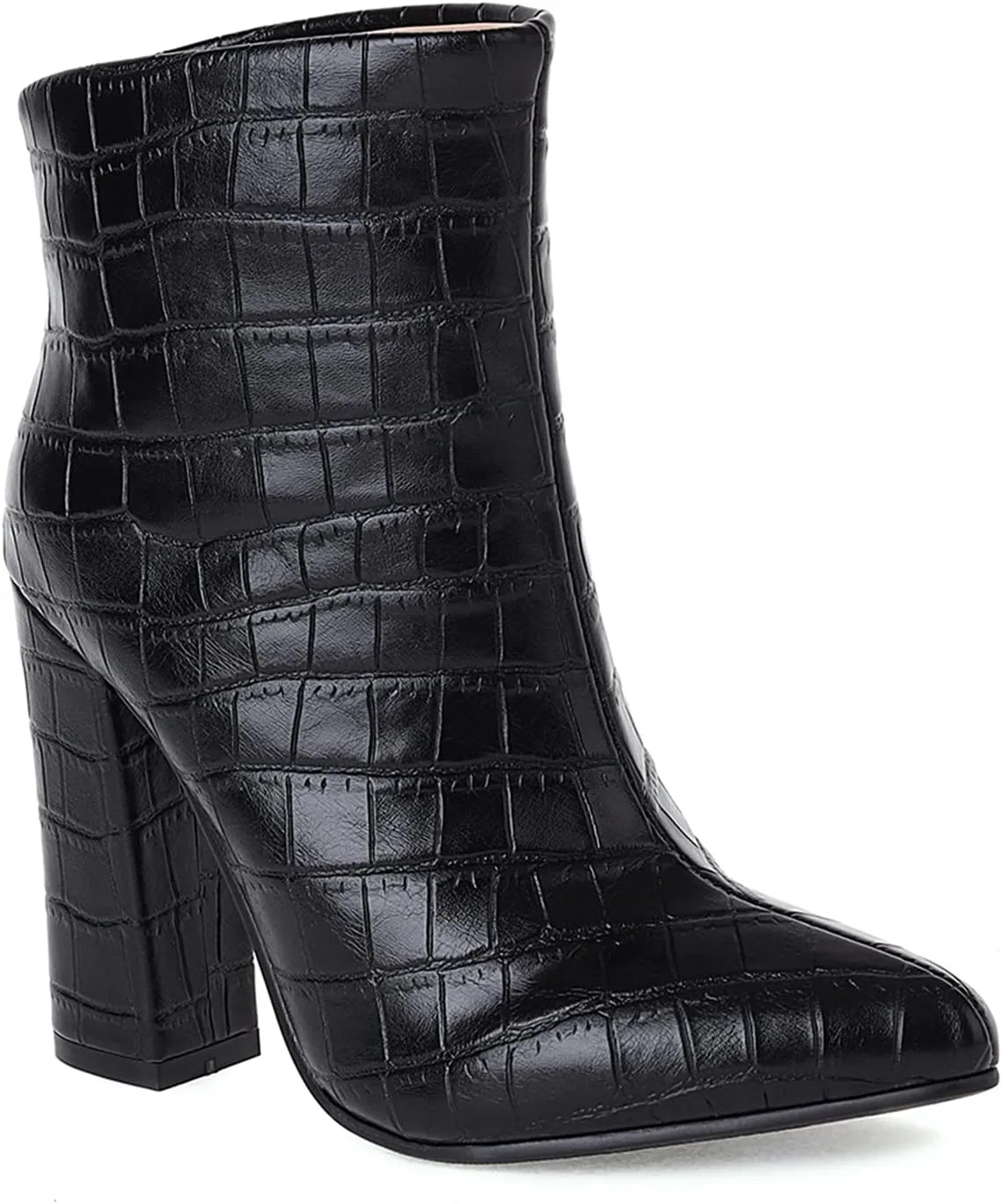 LEHOOR Women Chunky Heel Ankle Boots Pull On Pointed Toe Booties Sexy Stone Pattern Short Boots 4” High Block Heel Matte Leather Dress Booties Closed Toe Wild Elegant Party Club 4-11 M US