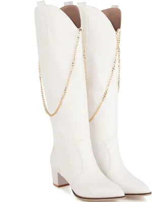 LEHOOR Women Chunky Heel Knee High Western Boots Wide Calf Pointed Toe Crocodile Cowboy Boots Gold Chain V-Cut Pull Up 2" Mid Stacked Heel Long Boots Cowgirl Sexy Retro 4-14 M US