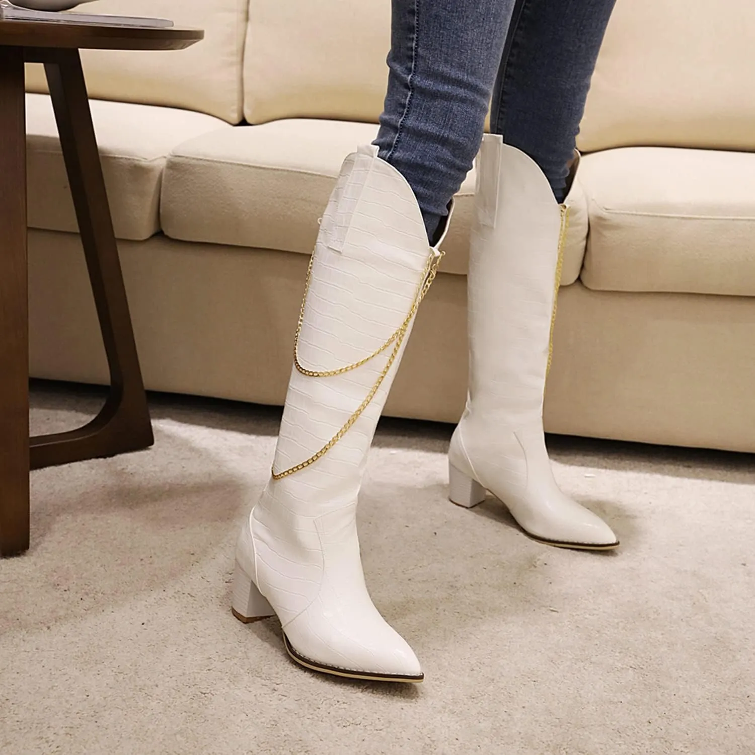 LEHOOR Women Chunky Heel Knee High Western Boots Wide Calf Pointed Toe Crocodile Cowboy Boots Gold Chain V-Cut Pull Up 2" Mid Stacked Heel Long Boots Cowgirl Sexy Retro 4-14 M US