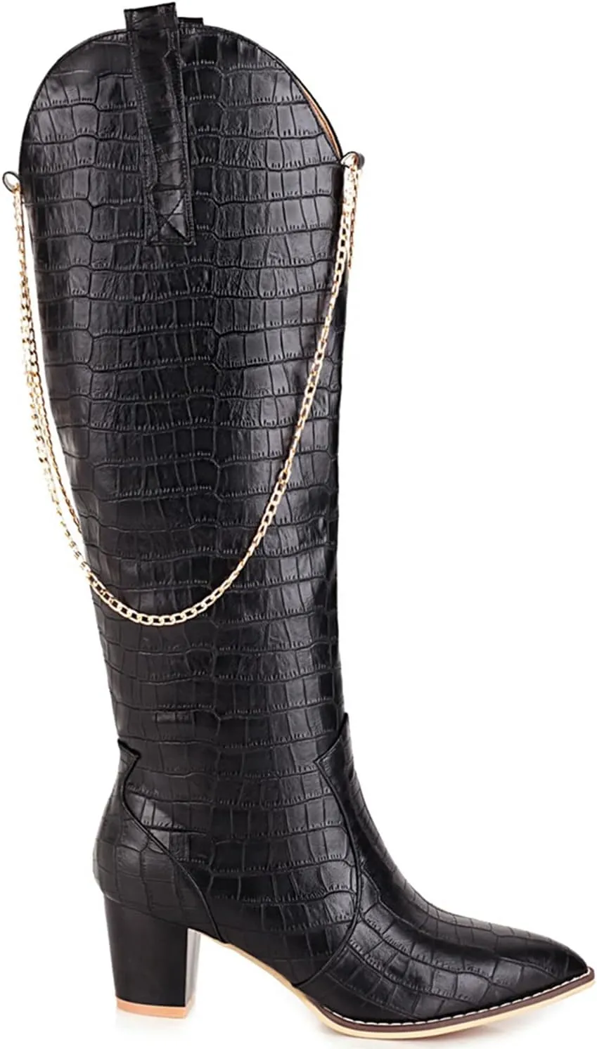 LEHOOR Women Chunky Heel Knee High Western Boots Wide Calf Pointed Toe Crocodile Cowboy Boots Gold Chain V-Cut Pull Up 2" Mid Stacked Heel Long Boots Cowgirl Sexy Retro 4-14 M US