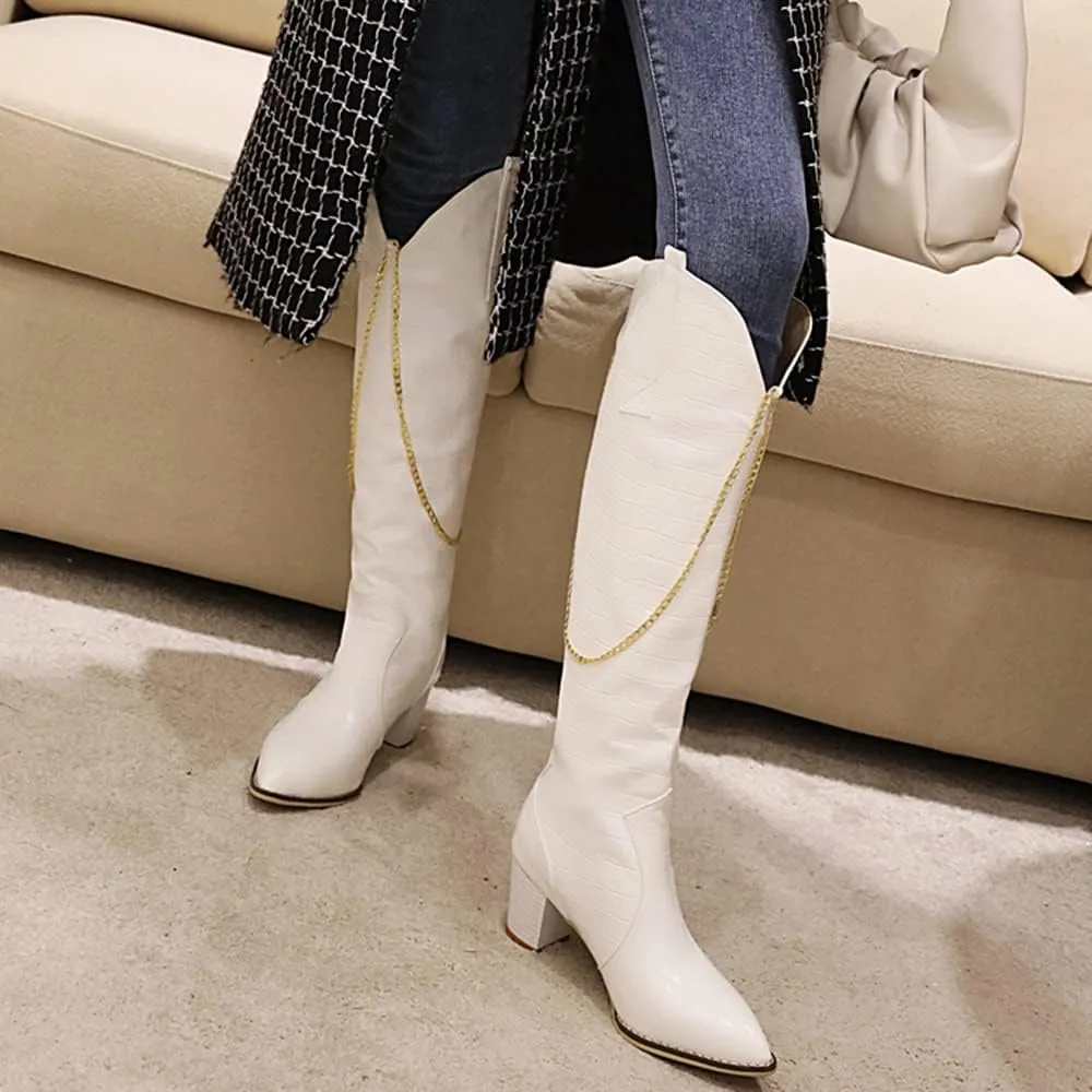 LEHOOR Women Chunky Heel Knee High Western Boots Wide Calf Pointed Toe Crocodile Cowboy Boots Gold Chain V-Cut Pull Up 2" Mid Stacked Heel Long Boots Cowgirl Sexy Retro 4-14 M US