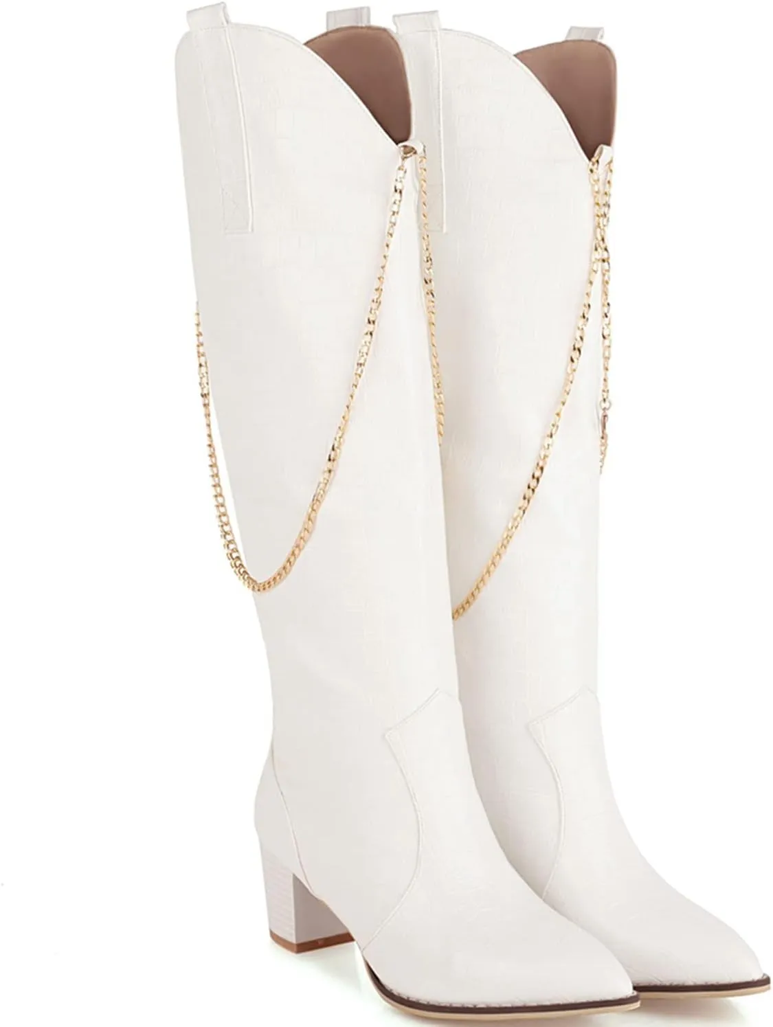 LEHOOR Women Chunky Heel Knee High Western Boots Wide Calf Pointed Toe Crocodile Cowboy Boots Gold Chain V-Cut Pull Up 2" Mid Stacked Heel Long Boots Cowgirl Sexy Retro 4-14 M US