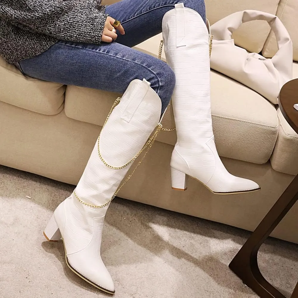LEHOOR Women Chunky Heel Knee High Western Boots Wide Calf Pointed Toe Crocodile Cowboy Boots Gold Chain V-Cut Pull Up 2" Mid Stacked Heel Long Boots Cowgirl Sexy Retro 4-14 M US