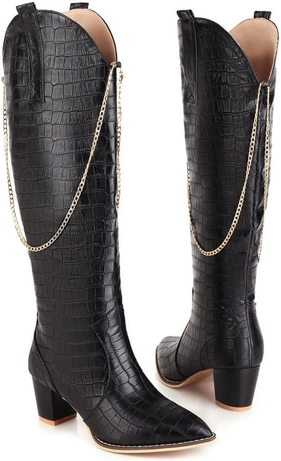 LEHOOR Women Chunky Heel Knee High Western Boots Wide Calf Pointed Toe Crocodile Cowboy Boots Gold Chain V-Cut Pull Up 2" Mid Stacked Heel Long Boots Cowgirl Sexy Retro 4-14 M US