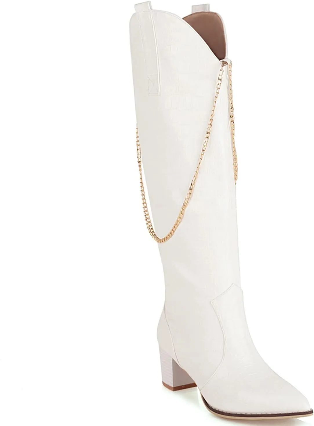 LEHOOR Women Chunky Heel Knee High Western Boots Wide Calf Pointed Toe Crocodile Cowboy Boots Gold Chain V-Cut Pull Up 2" Mid Stacked Heel Long Boots Cowgirl Sexy Retro 4-14 M US