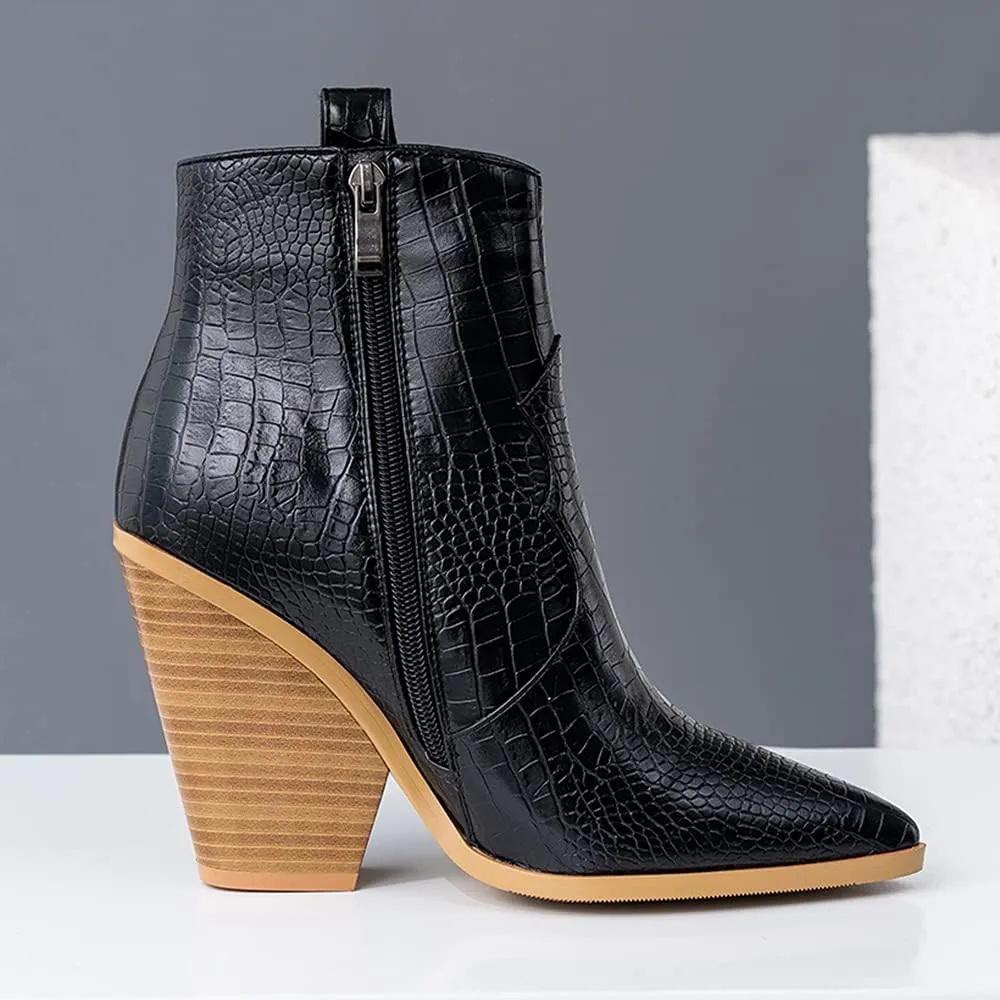 LEHOOR Women Chunky Heel Western Booties Animal Print Women Side Zipper Cowboy Ankle Boots Stacked Heel Pointed Toe Short Boots Mid Calf Cowgirl Classic Sexy Vintage Party Casual 5-11 M US