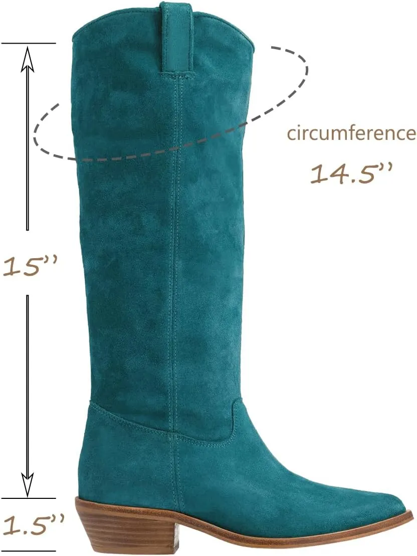 LEHOOR Women Low Stacked Heel Slouchy Knee High Western Boots Pointed Square Toe Velvet Suede 1.5" Chunky Heels Cowboy Boots Wide Calf Pull On Combat Boots Dressy Comfort Casual Winter Retro 4-13 M US
