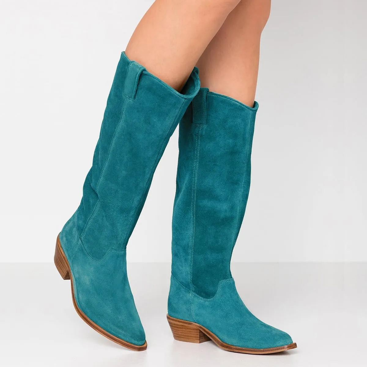 LEHOOR Women Low Stacked Heel Slouchy Knee High Western Boots Pointed Square Toe Velvet Suede 1.5" Chunky Heels Cowboy Boots Wide Calf Pull On Combat Boots Dressy Comfort Casual Winter Retro 4-13 M US