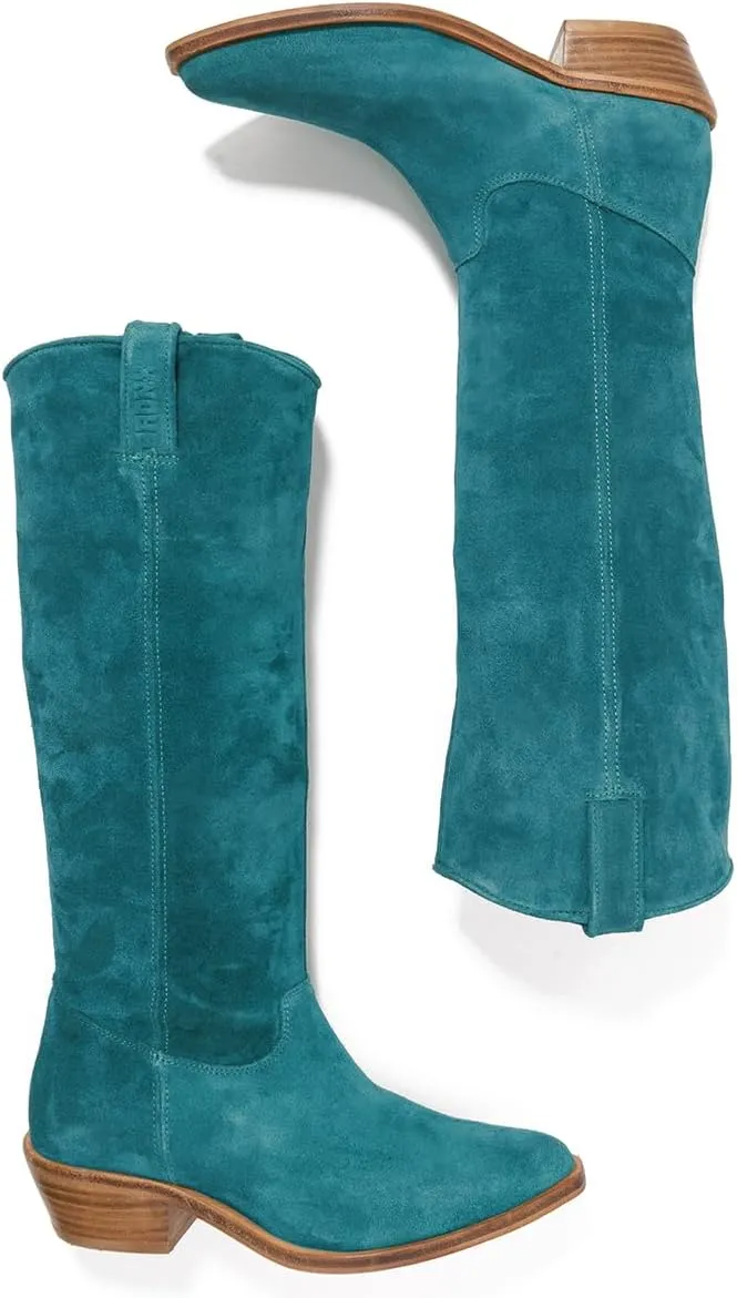 LEHOOR Women Low Stacked Heel Slouchy Knee High Western Boots Pointed Square Toe Velvet Suede 1.5" Chunky Heels Cowboy Boots Wide Calf Pull On Combat Boots Dressy Comfort Casual Winter Retro 4-13 M US