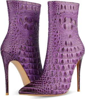 LEHOOR Women Pointed Toe Stiletto Ankle Boots Animal Print Side Zipper 5 Inch Stiletto High Heel Booties Crocodile Pattern Gradient Short Dress Boots Vintage Sexy Fashion Party Club Ladies 4-12 M US