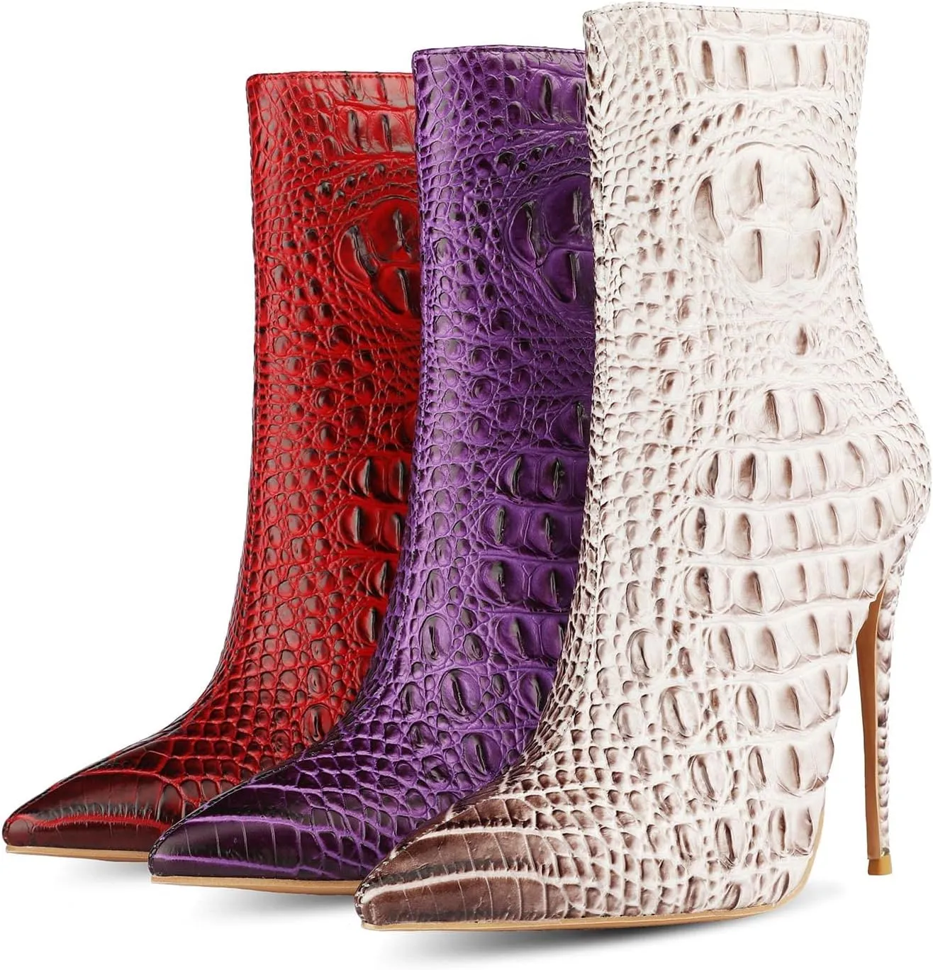 LEHOOR Women Pointed Toe Stiletto Ankle Boots Animal Print Side Zipper 5 Inch Stiletto High Heel Booties Crocodile Pattern Gradient Short Dress Boots Vintage Sexy Fashion Party Club Ladies 4-12 M US