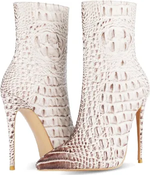 LEHOOR Women Pointed Toe Stiletto Ankle Boots Animal Print Side Zipper 5 Inch Stiletto High Heel Booties Crocodile Pattern Gradient Short Dress Boots Vintage Sexy Fashion Party Club Ladies 4-12 M US