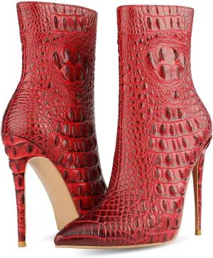 LEHOOR Women Pointed Toe Stiletto Ankle Boots Animal Print Side Zipper 5 Inch Stiletto High Heel Booties Crocodile Pattern Gradient Short Dress Boots Vintage Sexy Fashion Party Club Ladies 4-12 M US