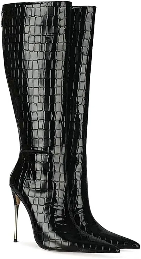 LEHOOR Women Stiletto High Heel Knee High Boots Pointed Toe Crocodile Pattern Mid-Calf Boots Back Zipper 5 Inch High Heel Patent Leather For Ladies Winter Party Evening Booties Shoes 4-12 M US