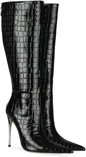 LEHOOR Women Stiletto High Heel Knee High Boots Pointed Toe Crocodile Pattern Mid-Calf Boots Back Zipper 5 Inch High Heel Patent Leather For Ladies Winter Party Evening Booties Shoes 4-12 M US