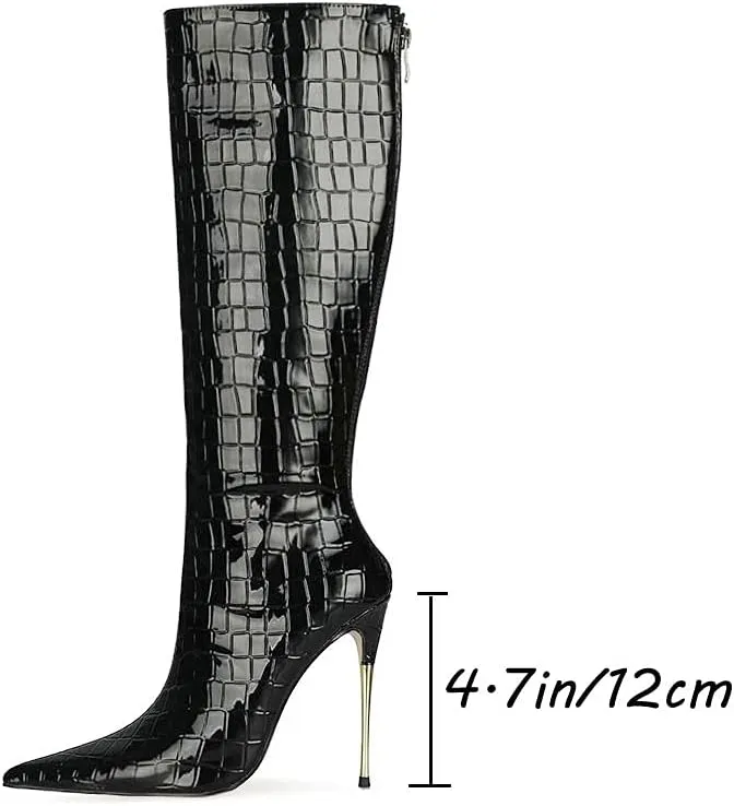 LEHOOR Women Stiletto High Heel Knee High Boots Pointed Toe Crocodile Pattern Mid-Calf Boots Back Zipper 5 Inch High Heel Patent Leather For Ladies Winter Party Evening Booties Shoes 4-12 M US
