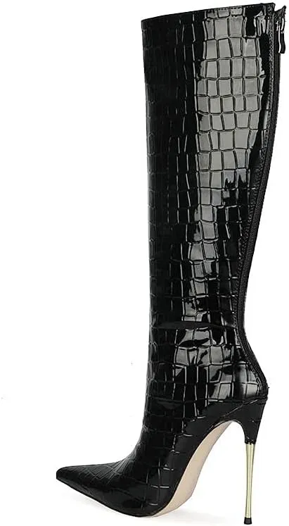 LEHOOR Women Stiletto High Heel Knee High Boots Pointed Toe Crocodile Pattern Mid-Calf Boots Back Zipper 5 Inch High Heel Patent Leather For Ladies Winter Party Evening Booties Shoes 4-12 M US