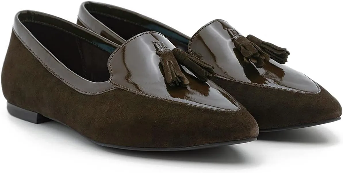 LEHOOR Women Tassel Flat Loafers Pointed Closed Toe Slip On Penny Loafers Patent Leather Suede Loafer Flats Fringe Pointy Toe Boat Shoes Patchwork Retro Office Work Club Driver Flats Casual 4-11 M US