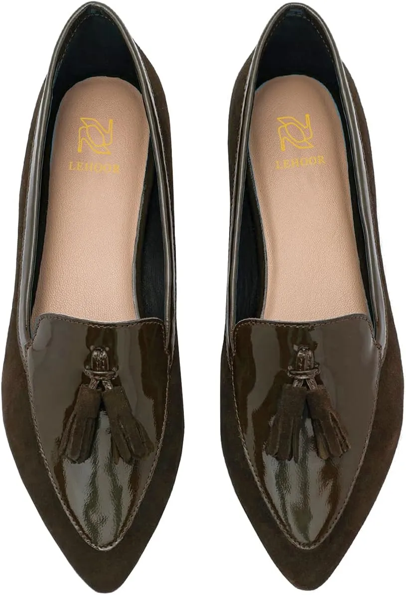 LEHOOR Women Tassel Flat Loafers Pointed Closed Toe Slip On Penny Loafers Patent Leather Suede Loafer Flats Fringe Pointy Toe Boat Shoes Patchwork Retro Office Work Club Driver Flats Casual 4-11 M US