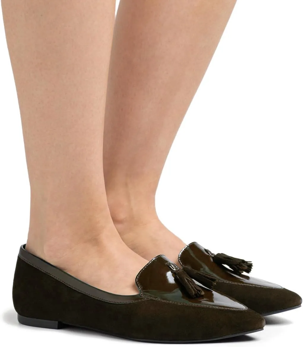 LEHOOR Women Tassel Flat Loafers Pointed Closed Toe Slip On Penny Loafers Patent Leather Suede Loafer Flats Fringe Pointy Toe Boat Shoes Patchwork Retro Office Work Club Driver Flats Casual 4-11 M US