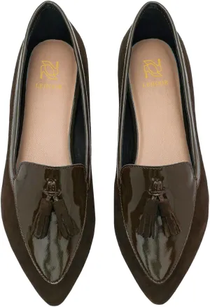 LEHOOR Women Tassel Flat Loafers Pointed Closed Toe Slip On Penny Loafers Patent Leather Suede Loafer Flats Fringe Pointy Toe Boat Shoes Patchwork Retro Office Work Club Driver Flats Casual 4-11 M US