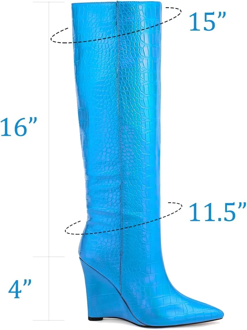 LEHOOR Women Wedge High Heel Knee High Boots Pointed Toe Side Zipper Combat Boots Patent Leather 4" Heels Crocodile Boots Tall Pointy Toe Wide Calf Dress Boots Fall Winter Sexy Fashion 5-14 M US