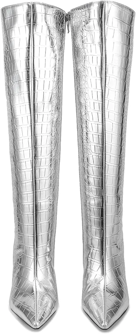 LEHOOR Women Wedge High Heel Knee High Boots Pointed Toe Side Zipper Combat Boots Patent Leather 4" Heels Crocodile Boots Tall Pointy Toe Wide Calf Dress Boots Fall Winter Sexy Fashion 5-14 M US
