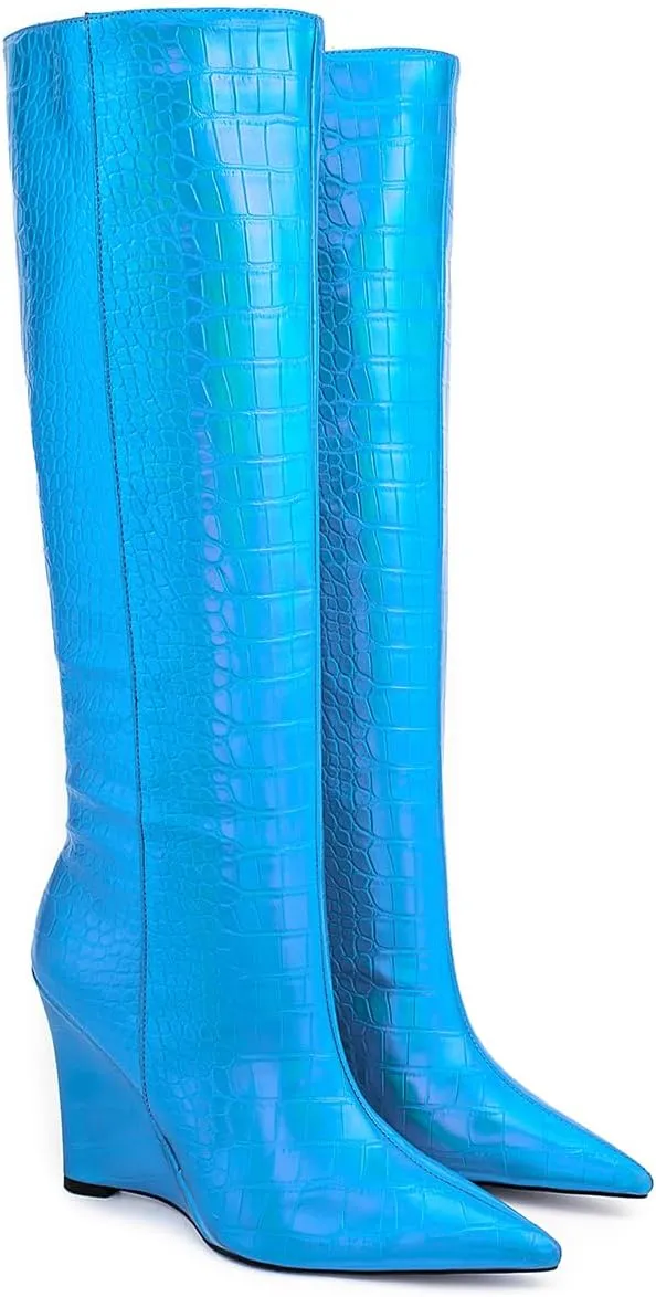 LEHOOR Women Wedge High Heel Knee High Boots Pointed Toe Side Zipper Combat Boots Patent Leather 4" Heels Crocodile Boots Tall Pointy Toe Wide Calf Dress Boots Fall Winter Sexy Fashion 5-14 M US