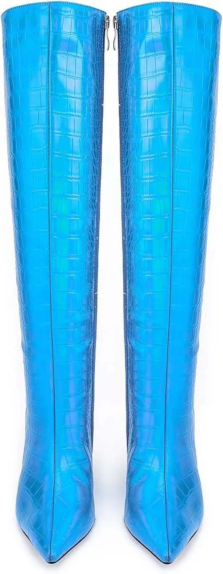 LEHOOR Women Wedge High Heel Knee High Boots Pointed Toe Side Zipper Combat Boots Patent Leather 4" Heels Crocodile Boots Tall Pointy Toe Wide Calf Dress Boots Fall Winter Sexy Fashion 5-14 M US